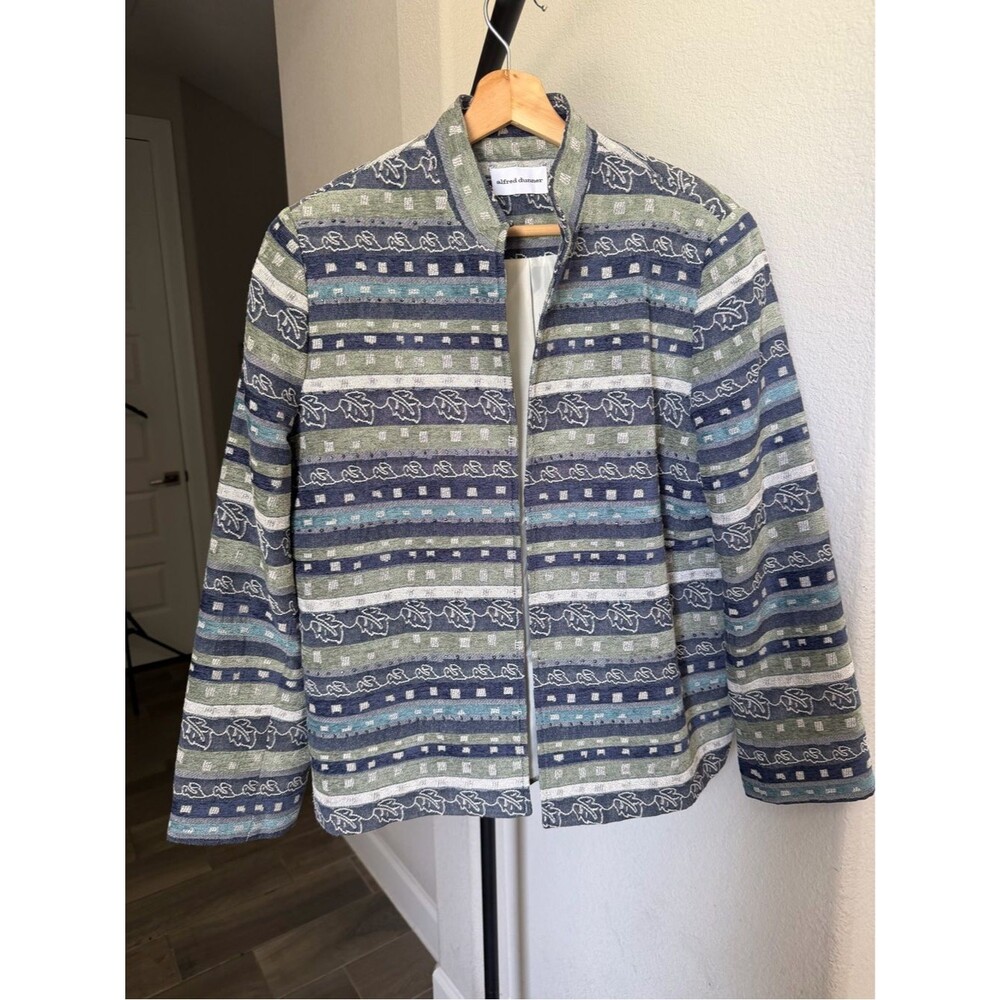 Alfred Dunner Green & Navy Textured Stripe Woven Knit Button Jacket 12
